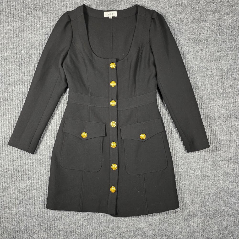A.L.C. Black Button Front Mini Dress Gold Buttons Long Sleeve Sz‎ 8